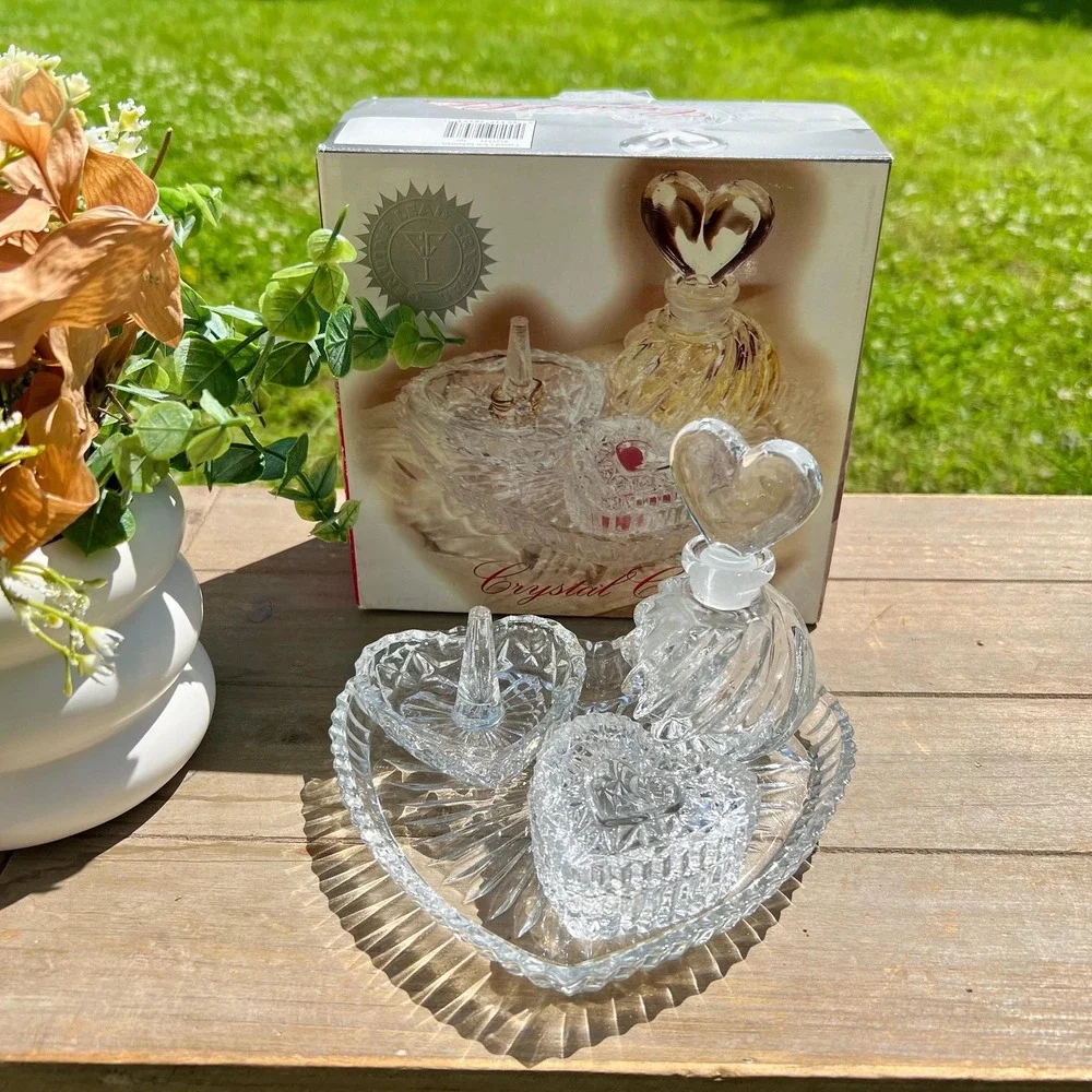 Vintage Crystal Heart-Shaped Vanity Beauty Jewelry Set |  Set of 4